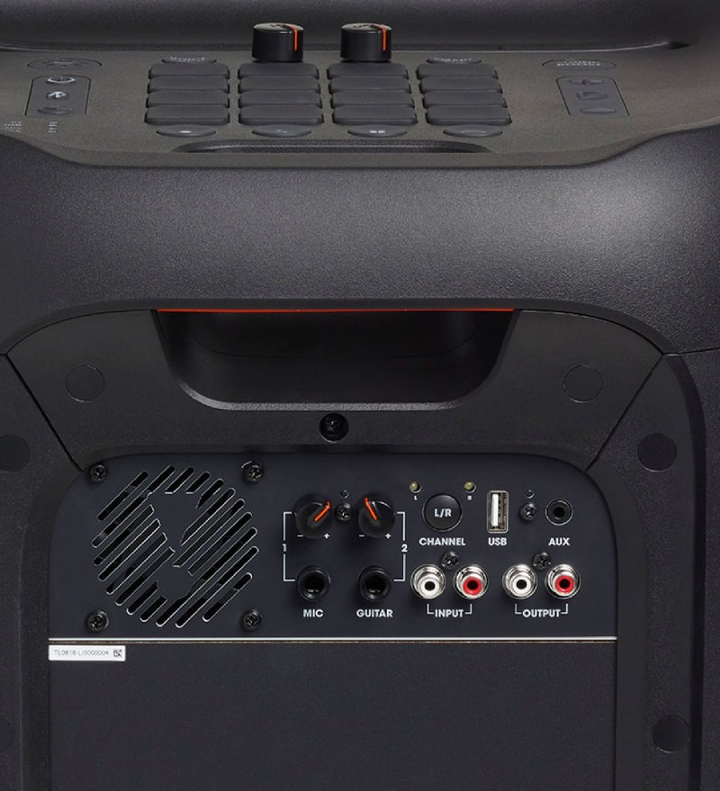 Tylny panel JBL PartyBox 1100 z portami audio, USB, AUX, RCA